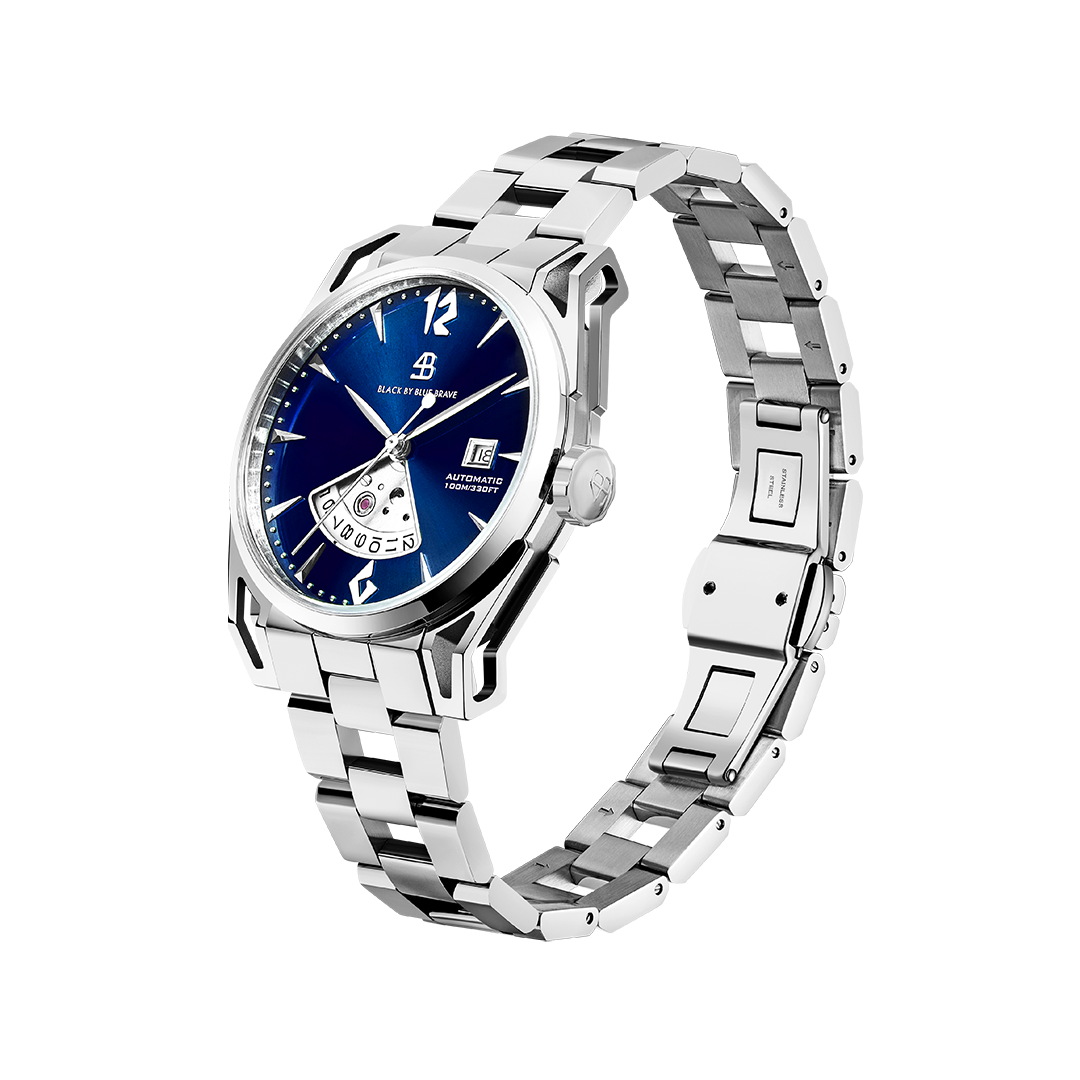 Classic 2024 40mm Blue Dial Silver Bracelet Automatic Watch - 4B1223 - side view - Black By Blue Brave
