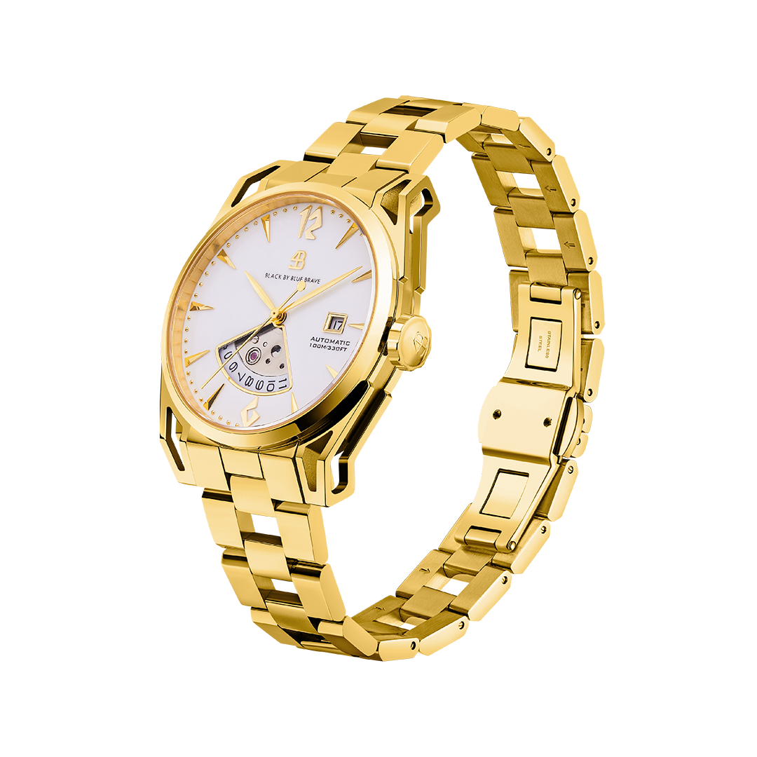 Classic 2024 40mm White Dial Gold Bracelet Automatic Watch - 4B1226 - side view - Black By Blue Brave