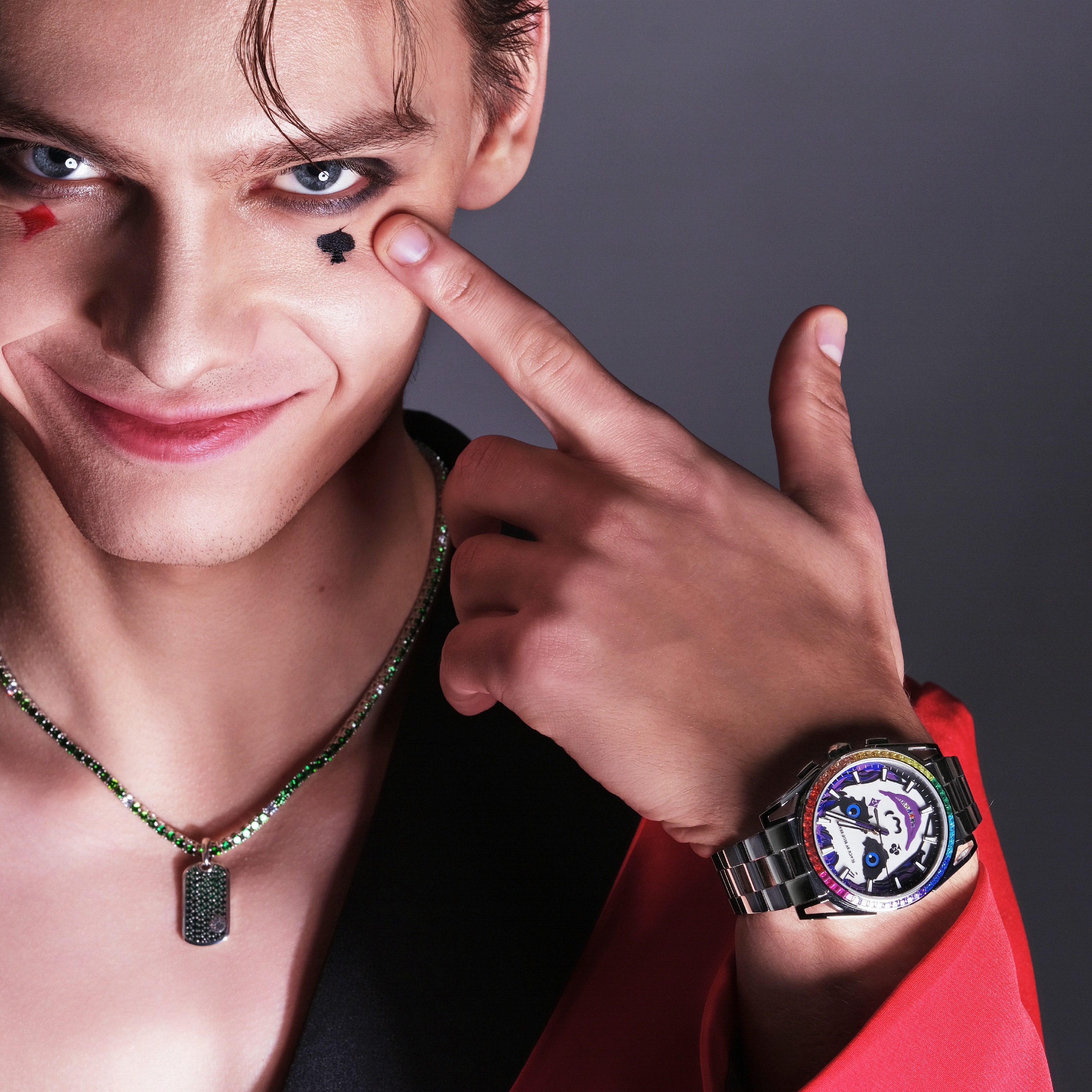 Clown Leo 40mm Chronograph Rainbow Zirconia Dial Silver Bracelet Watch - 4B1227 - Model wearing - Black By Blue Brave