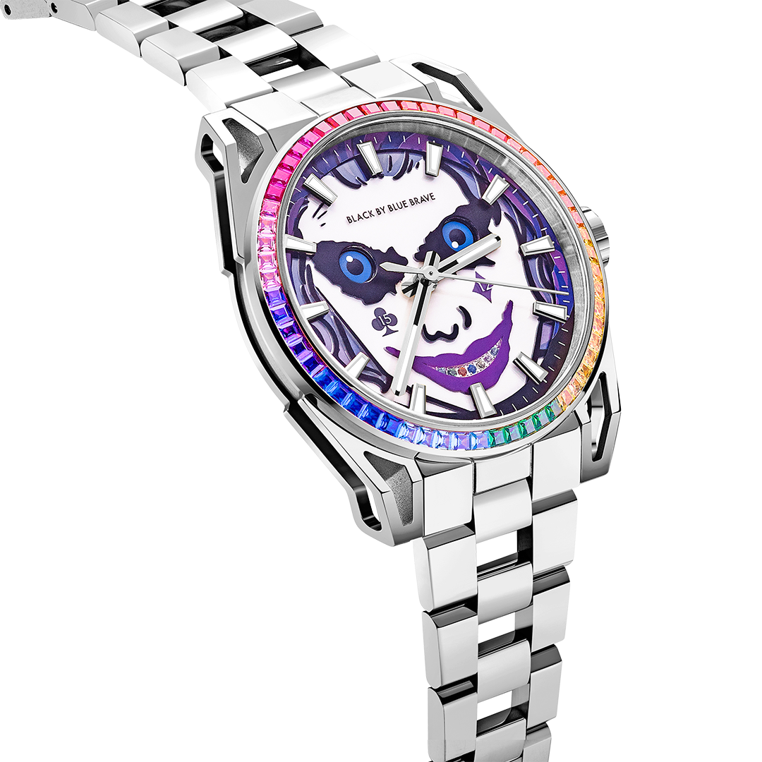 Clown Leo 40mm Chronograph Rainbow Zirconia Dial Silver Bracelet Watch - 4B1227 - side view - Black By Blue Brave