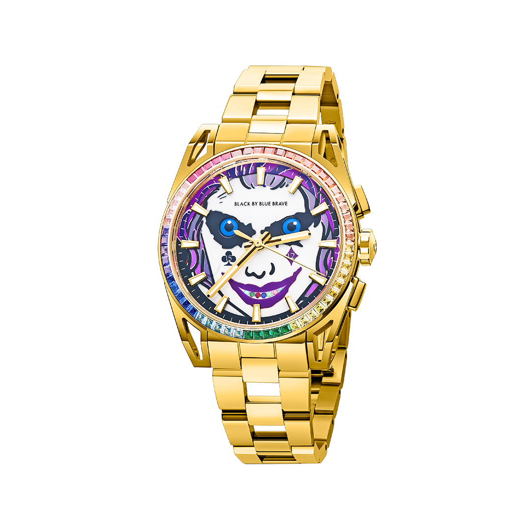 Clown Leo 40mm Chronograph Rainbow Zirconia Dial Gold Bracelet Watch - 4B1228 - front - Black By Blue Brave