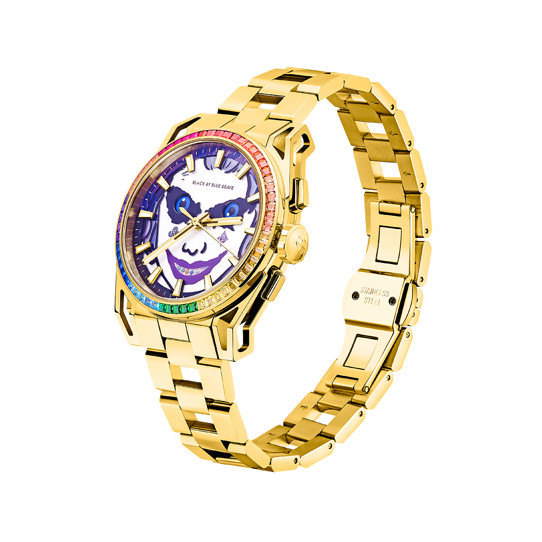 Clown Leo 40mm Chronograph Rainbow Zirconia Dial Gold Bracelet Watch - 4B1228 - side view - Black By Blue Brave