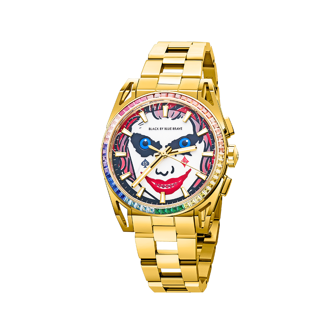 Clown Leo 40mm Chronograph Rainbow Zirconia Dial Gold Bracelet Watch - 4B1229 - front - Black By Blue Brave