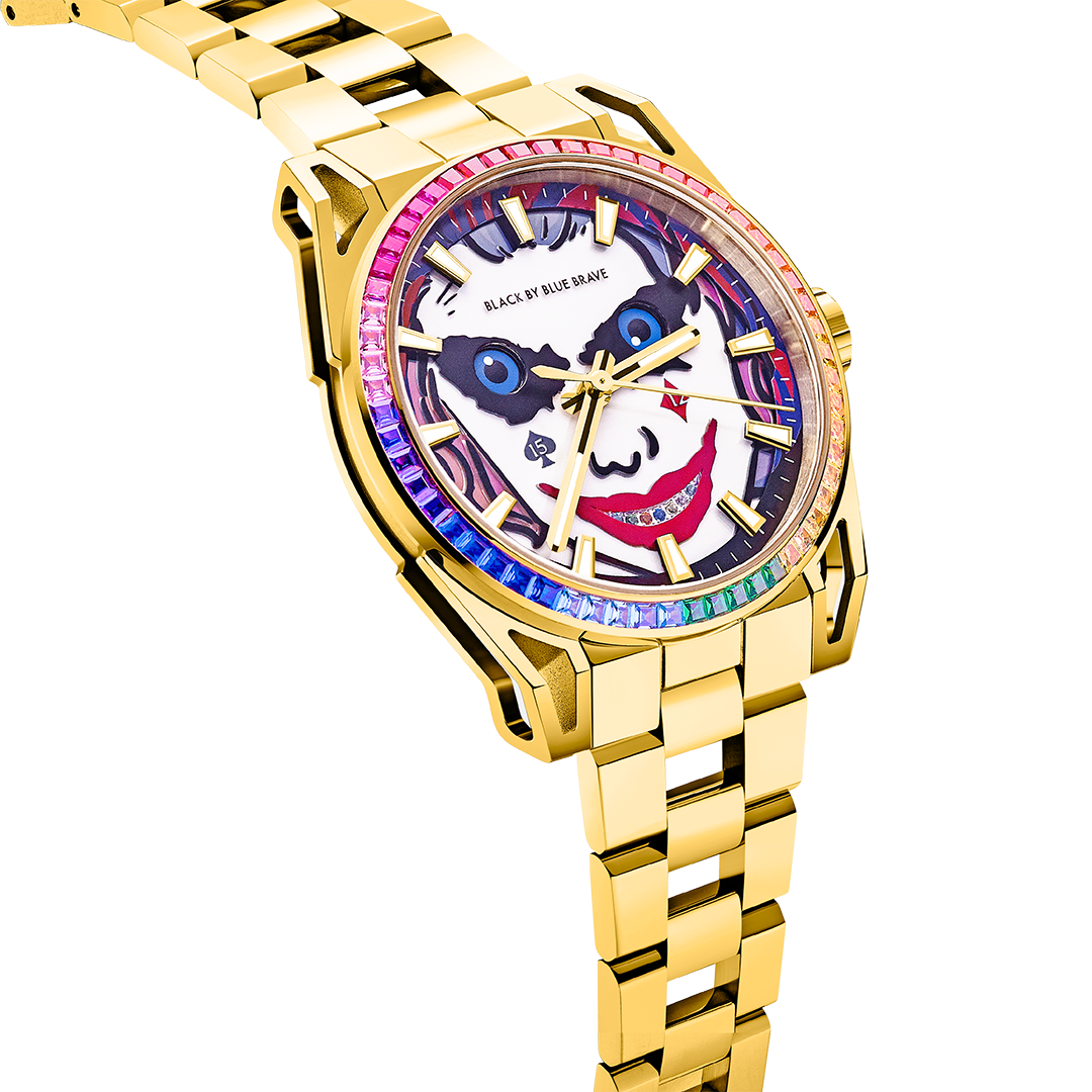 Clown Leo 40mm Chronograph Rainbow Zirconia Dial Gold Bracelet Watch - 4B1229 - side view - Black By Blue Brave
