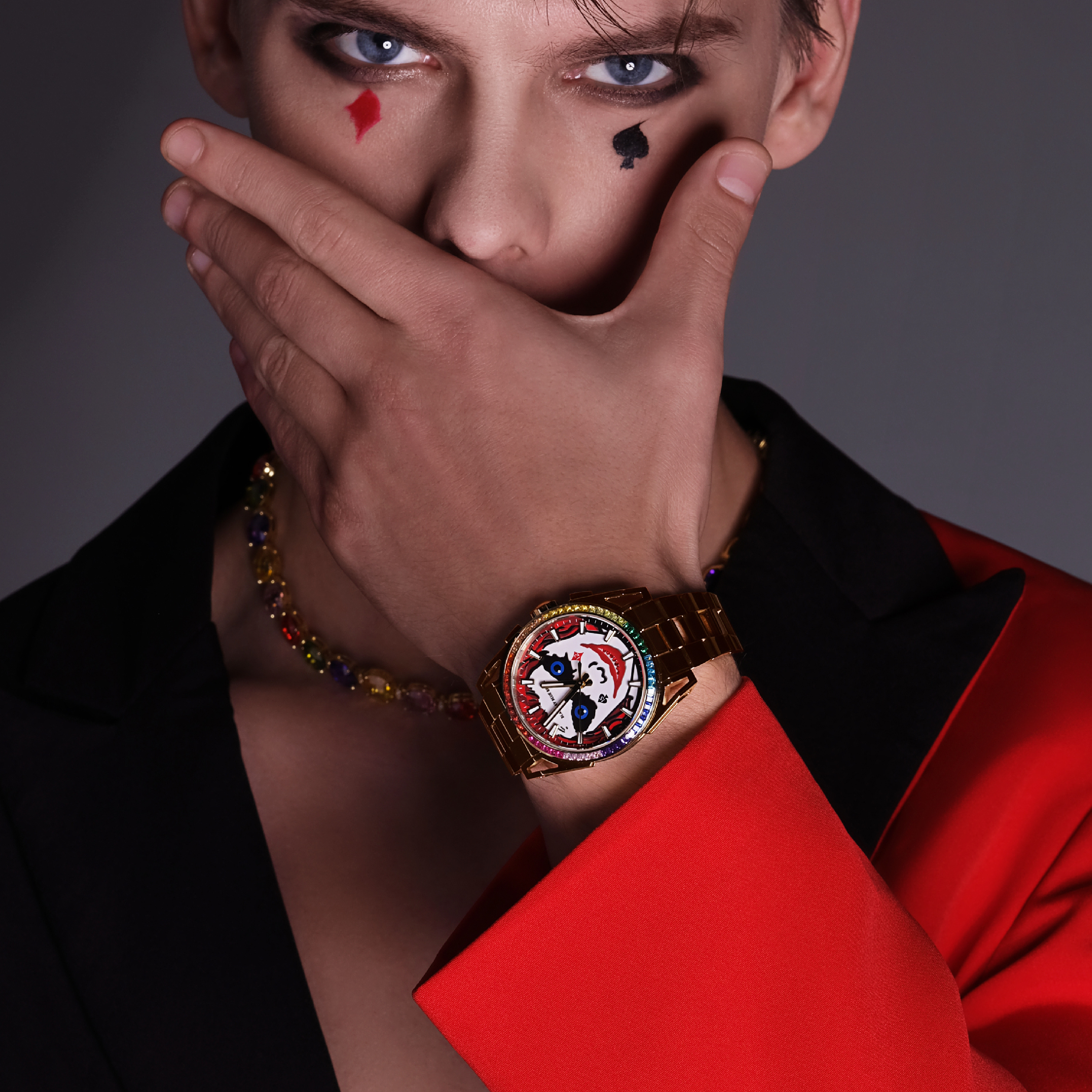 Clown Leo 40mm Chronograph Rainbow Zirconia Dial Gold Bracelet Watch - 4B1229 - wrist - Black By Blue Brave