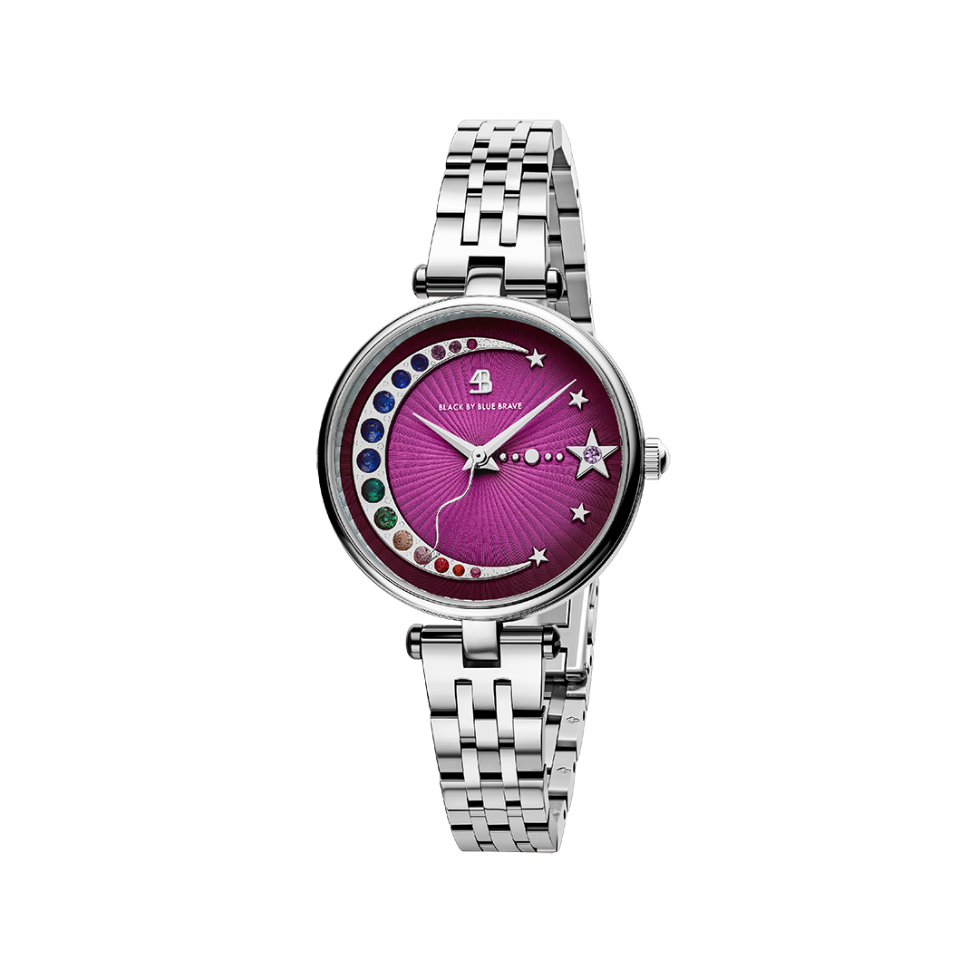 Crescent Moon 32mm Purple Dial Rainbow Cubic Zirconia Silver Bracelet Watch - 4B11124 - front - Black By Blue Brave