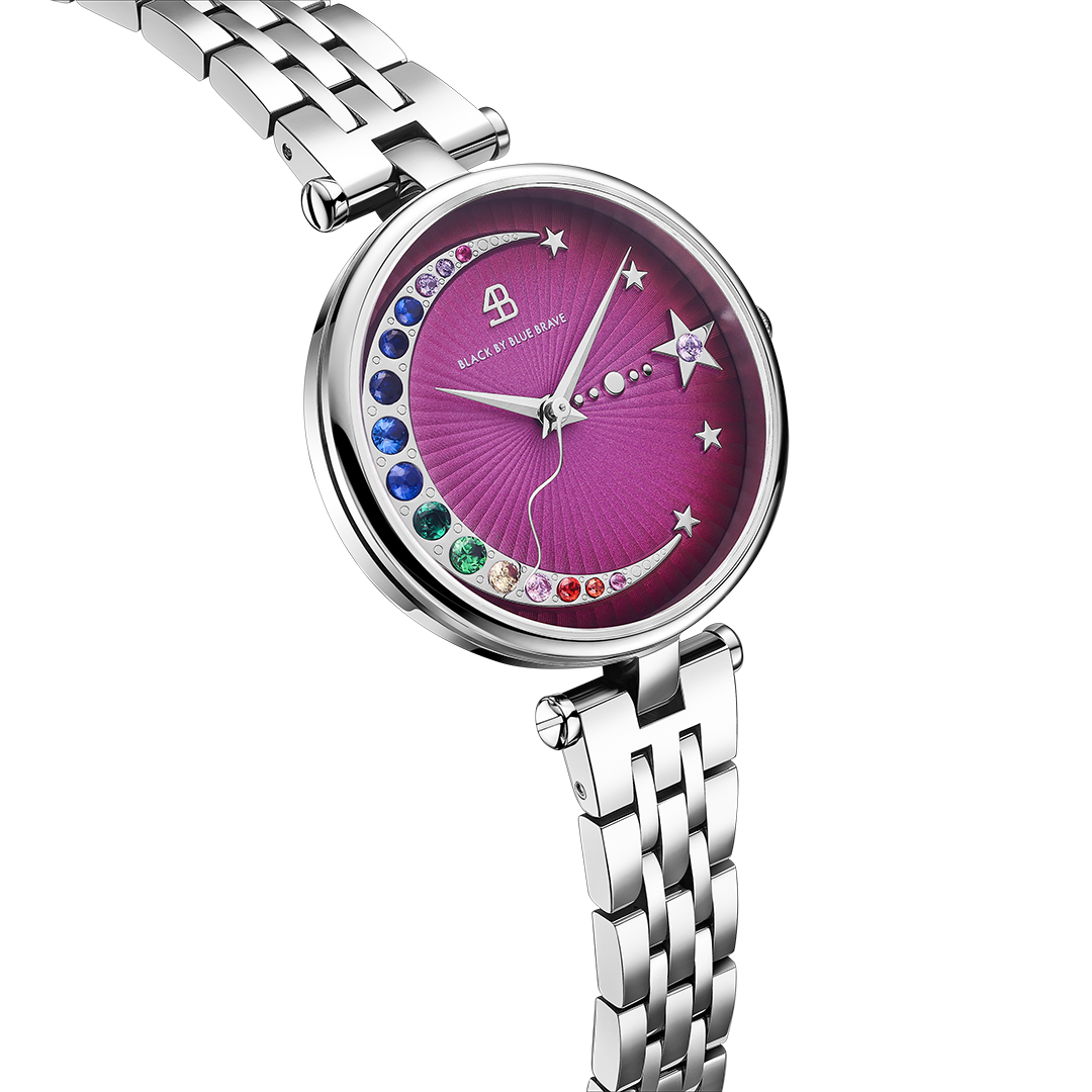 Crescent Moon 32mm Purple Dial Rainbow Cubic Zirconia Silver Bracelet Watch - 4B11124 - side view - Black By Blue Brave