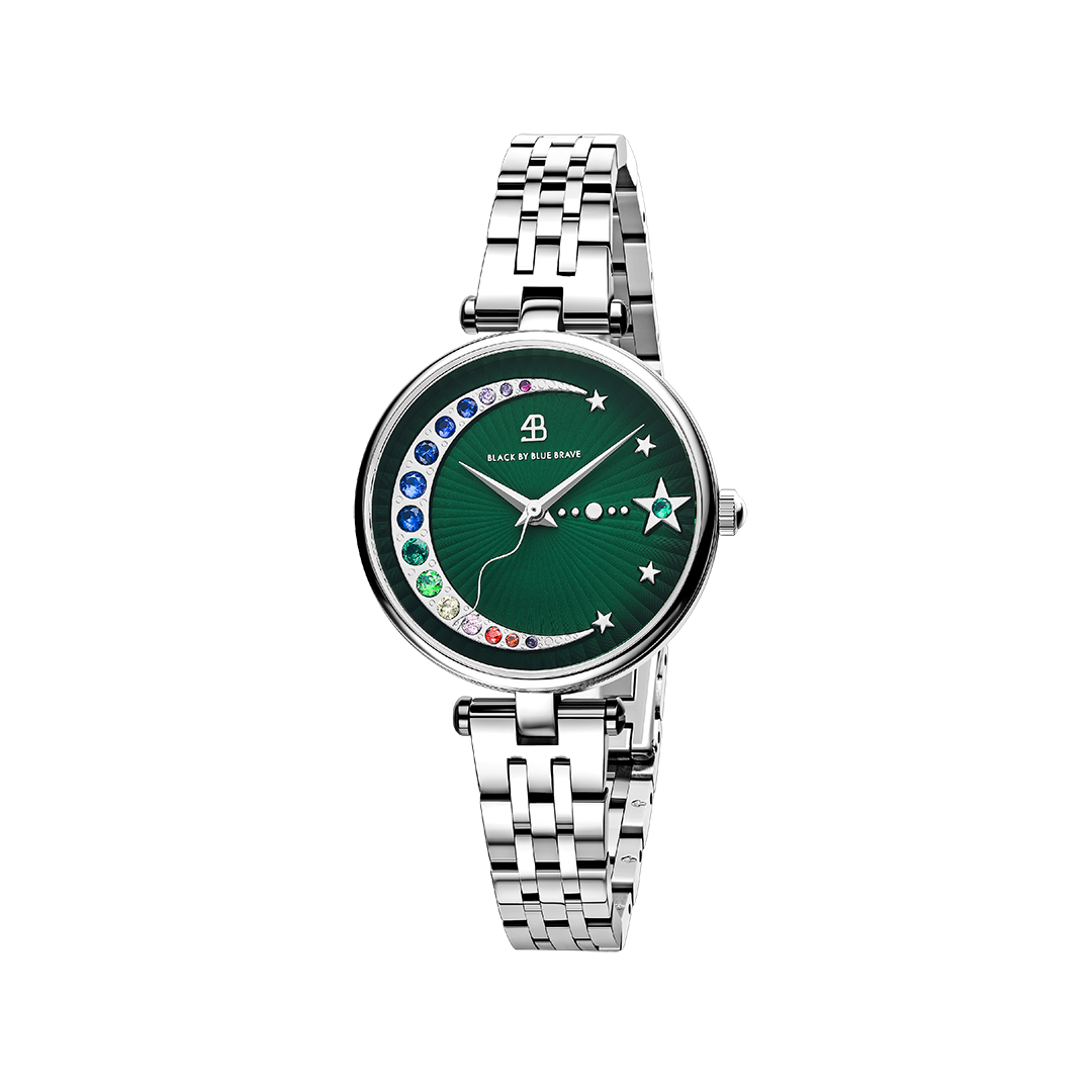 Crescent Moon 32mm Green Dial Rainbow Cubic Zirconia Silver Bracelet Watch - 4B11126 - front - Black By Blue Brave