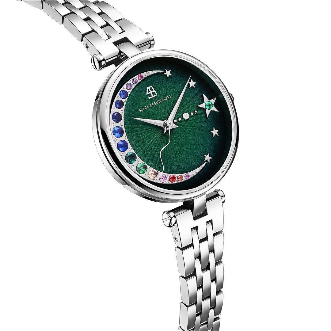 Crescent Moon 32mm Green Dial Rainbow Cubic Zirconia Silver Bracelet Watch - 4B11126 - side view - Black By Blue Brave