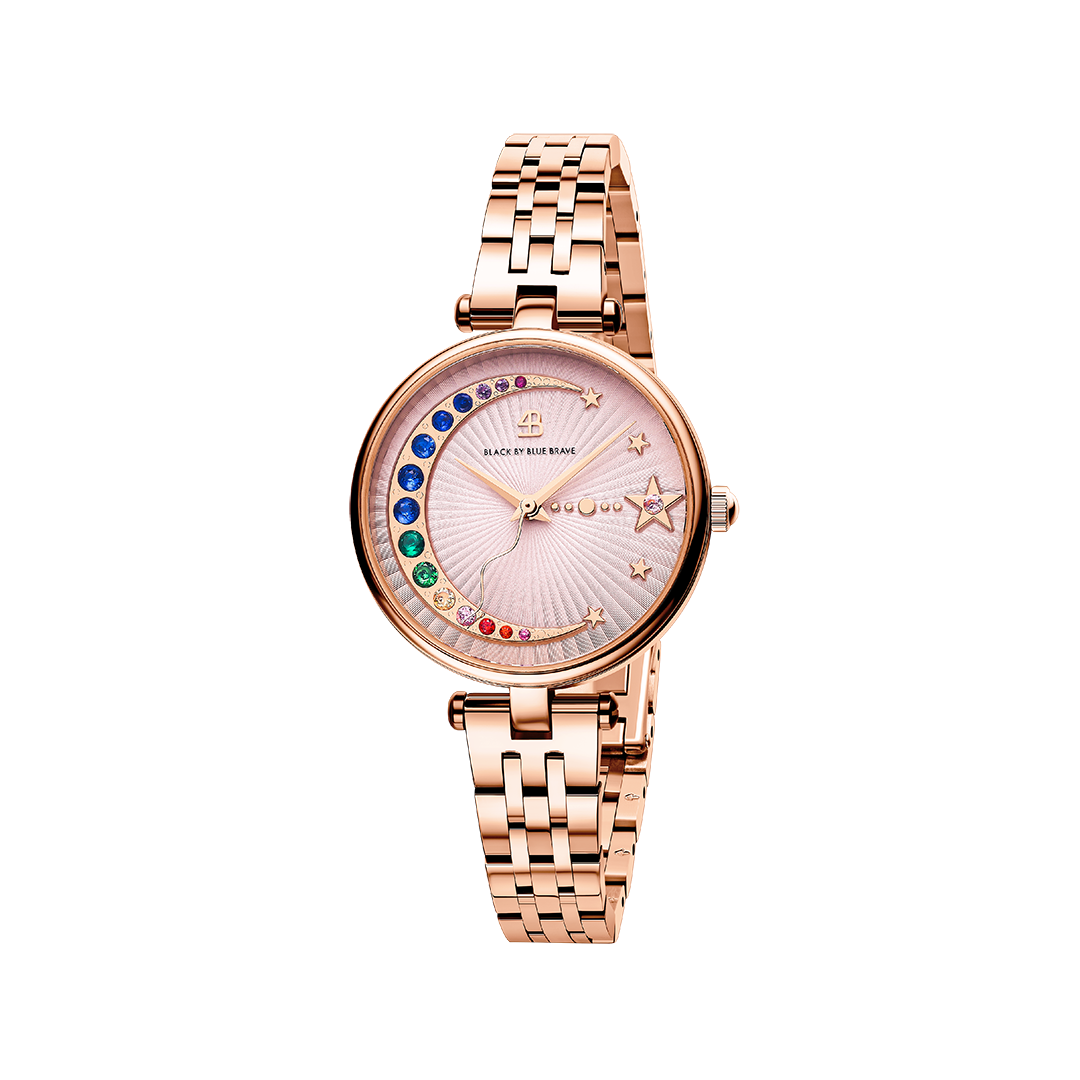 Crescent Moon 32mm Pink Dial Rainbow Cubic Zirconia Rose Gold Bracelet Watch - 4B11128 - front - Black By Blue Brave