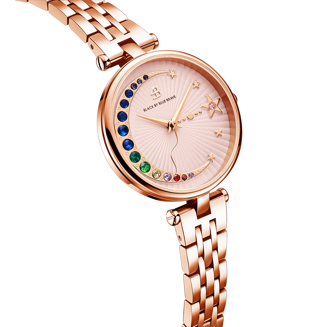 Crescent Moon 32mm Pink Dial Rainbow Cubic Zirconia Rose Gold Bracelet Watch - 4B11128 - side view - Black By Blue Brave