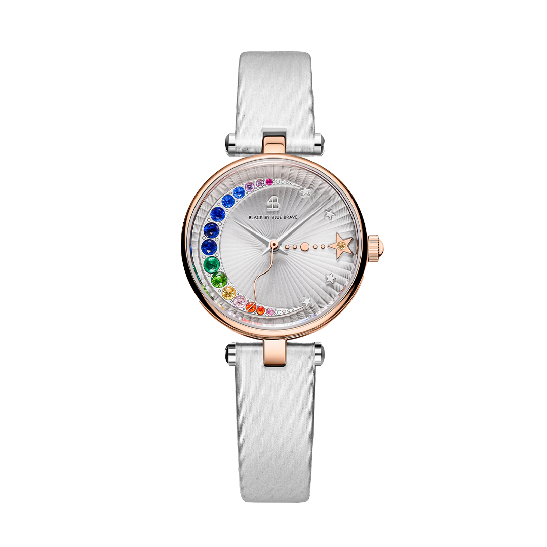 Crescent Moon 28mm Ivory Dial Rainbow Cubic Zirconia Satin Leather Strap Watch - 4B11118 - front - Black By Blue Brave
