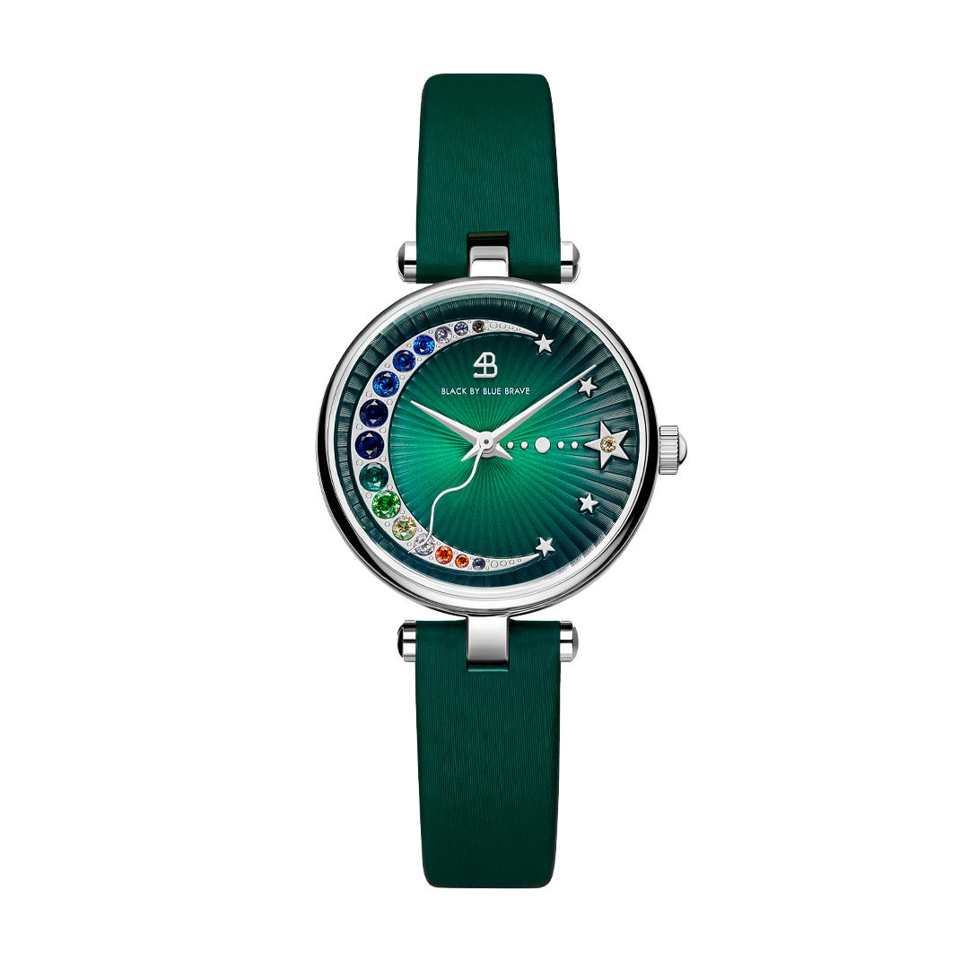 Crescent Moon 28mm Green Dial Rainbow Cubic Zirconia Satin Leather Strap Watch - 4B11119 - front - Black By Blue Brave
