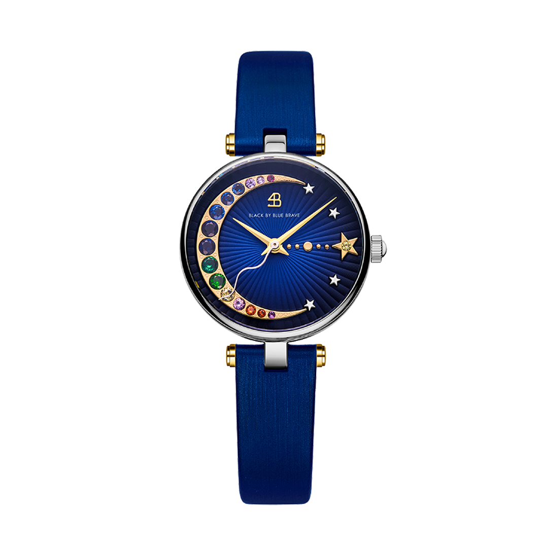 Crescent Moon 28mm Blue Dial Rainbow Cubic Zirconia Satin Leather Strap Watch - 4B11120 - front - Black By Blue Brave
