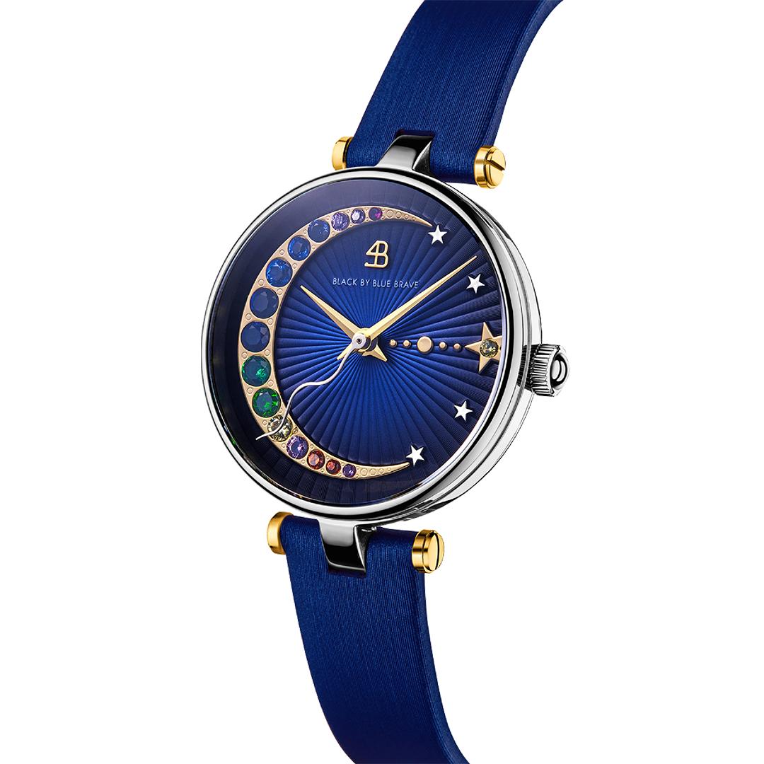 Crescent Moon 28mm Blue Dial Rainbow Cubic Zirconia Satin Leather Strap Watch - 4B11120 - side view - Black By Blue Brave
