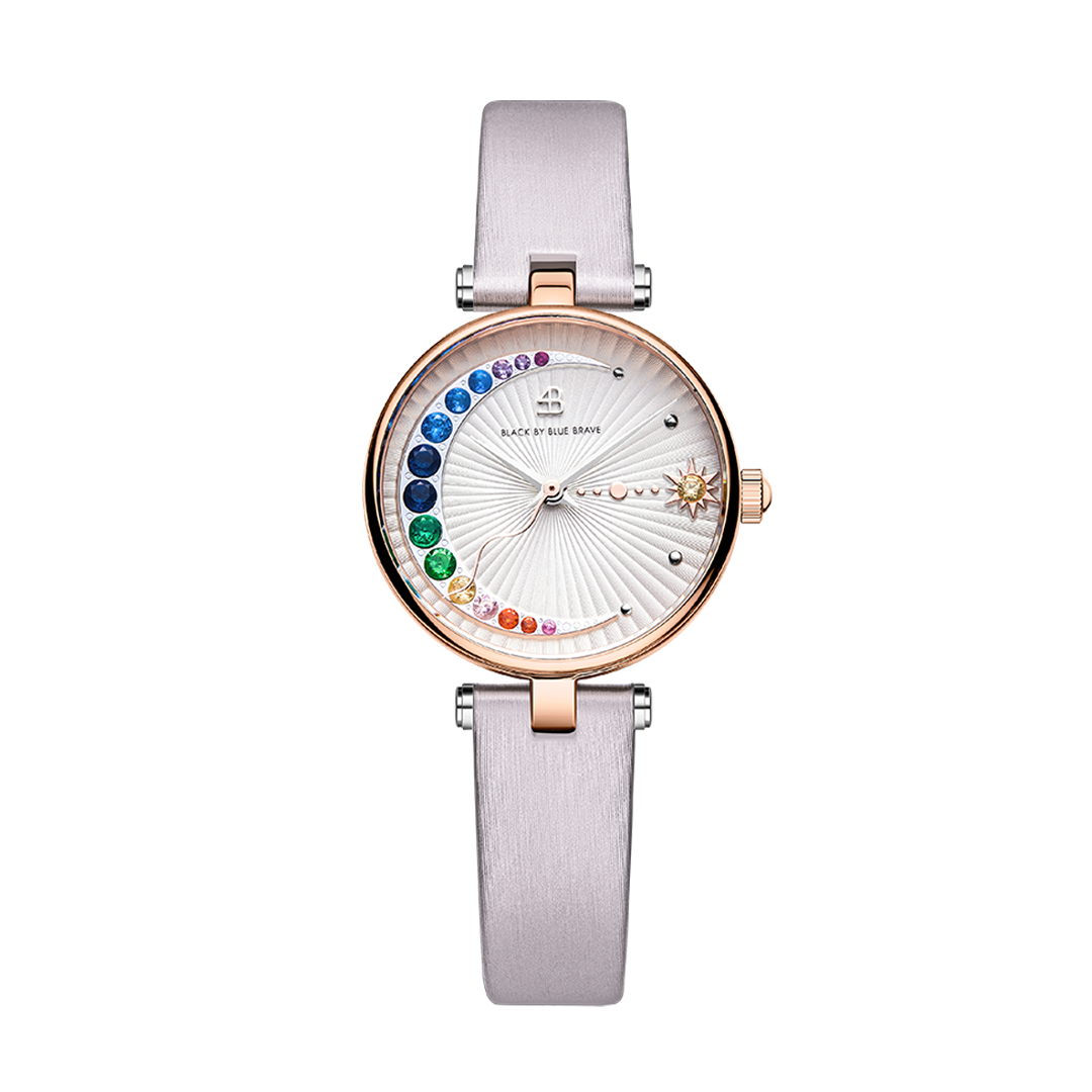 Crescent Moon 28mm Ivory Dial Rainbow Cubic Zirconia Satin Leather Strap Watch - 4B11121 - front - Black By Blue Brave
