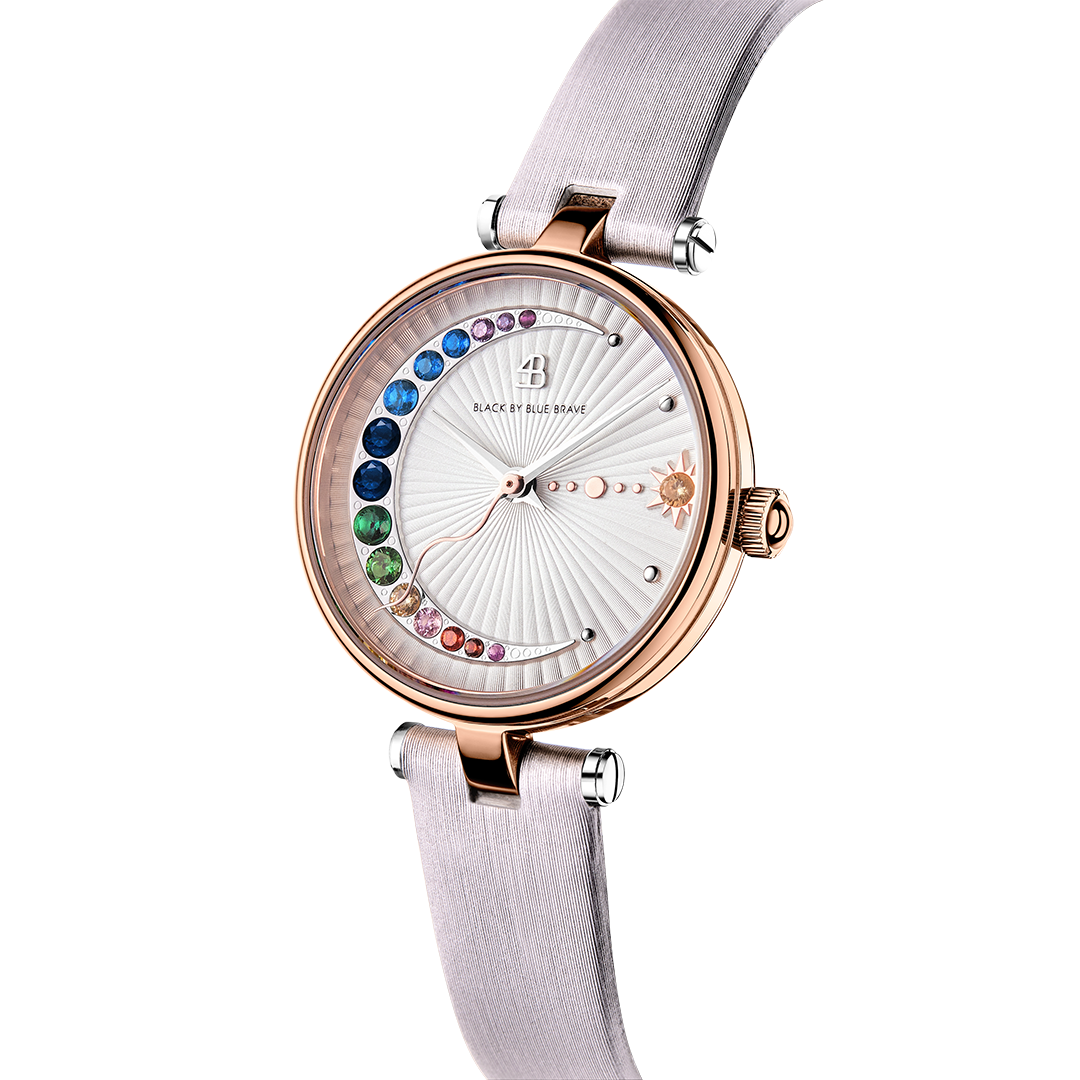 Crescent Moon 28mm Ivory Dial Rainbow Cubic Zirconia Satin Leather Strap Watch - 4B11121 - Side view - Black By Blue Brave
