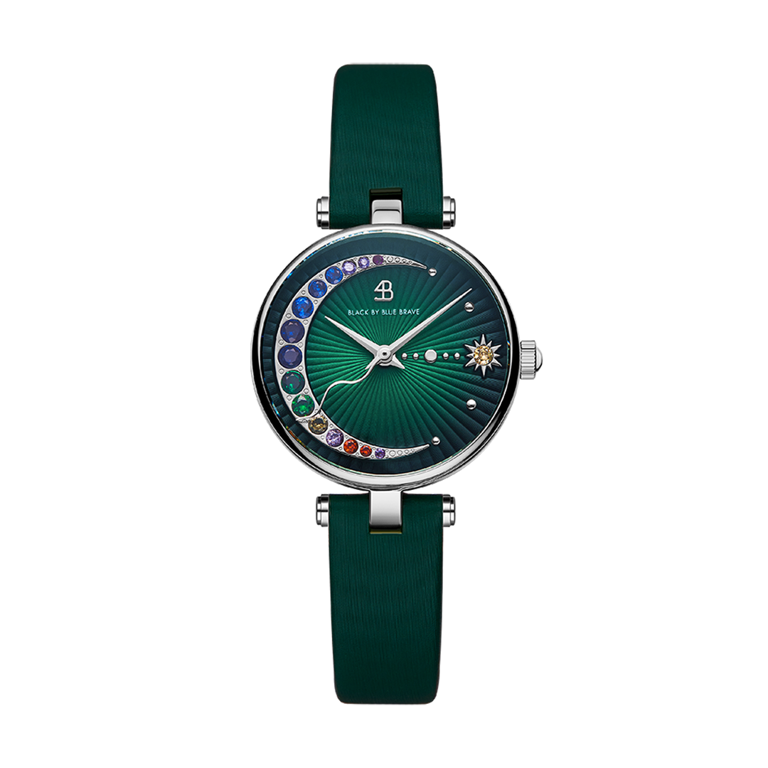 Crescent Moon 28mm Green Dial Rainbow Cubic Zirconia Satin Leather Strap Watch - 4B11122 - front - Black By Blue Brave
