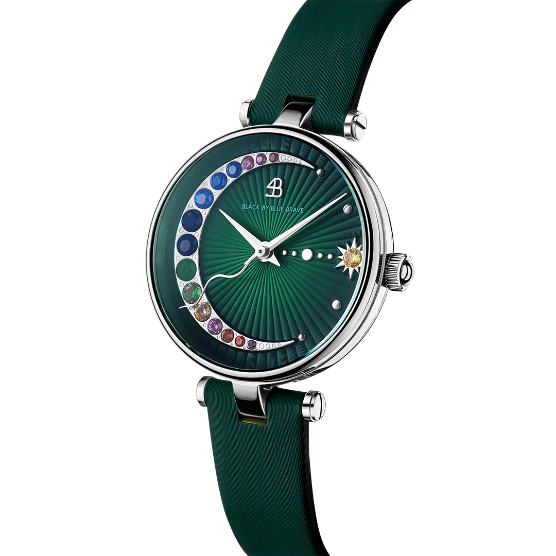 Crescent Moon 28mm Green Dial Rainbow Cubic Zirconia Satin Leather Strap Watch - 4B11122 - Side view - Black By Blue Brave
