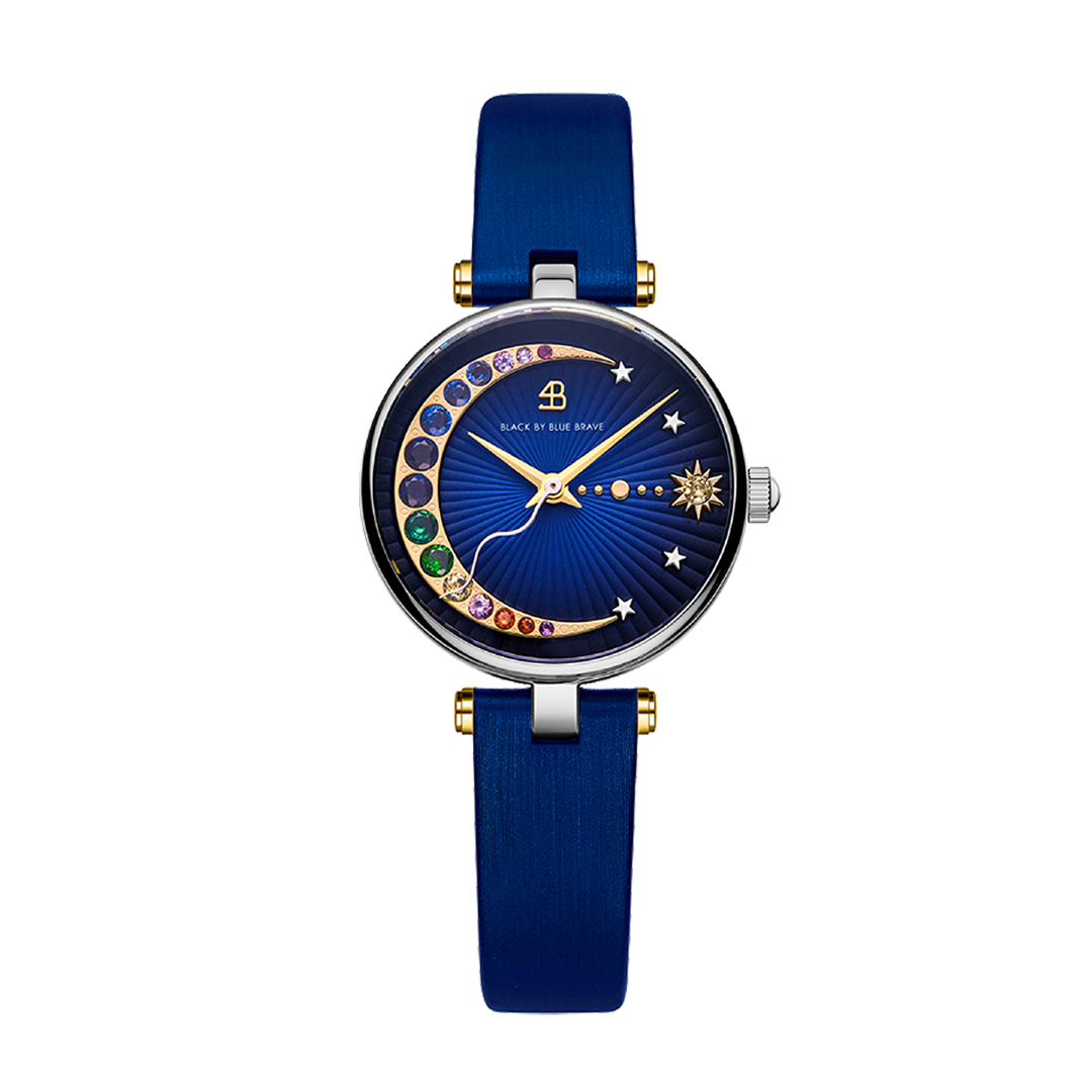 Crescent Moon 28mm Blue Dial Rainbow Cubic Zirconia Satin Leather Strap Watch - 4B11123 - front - Black By Blue Brave
