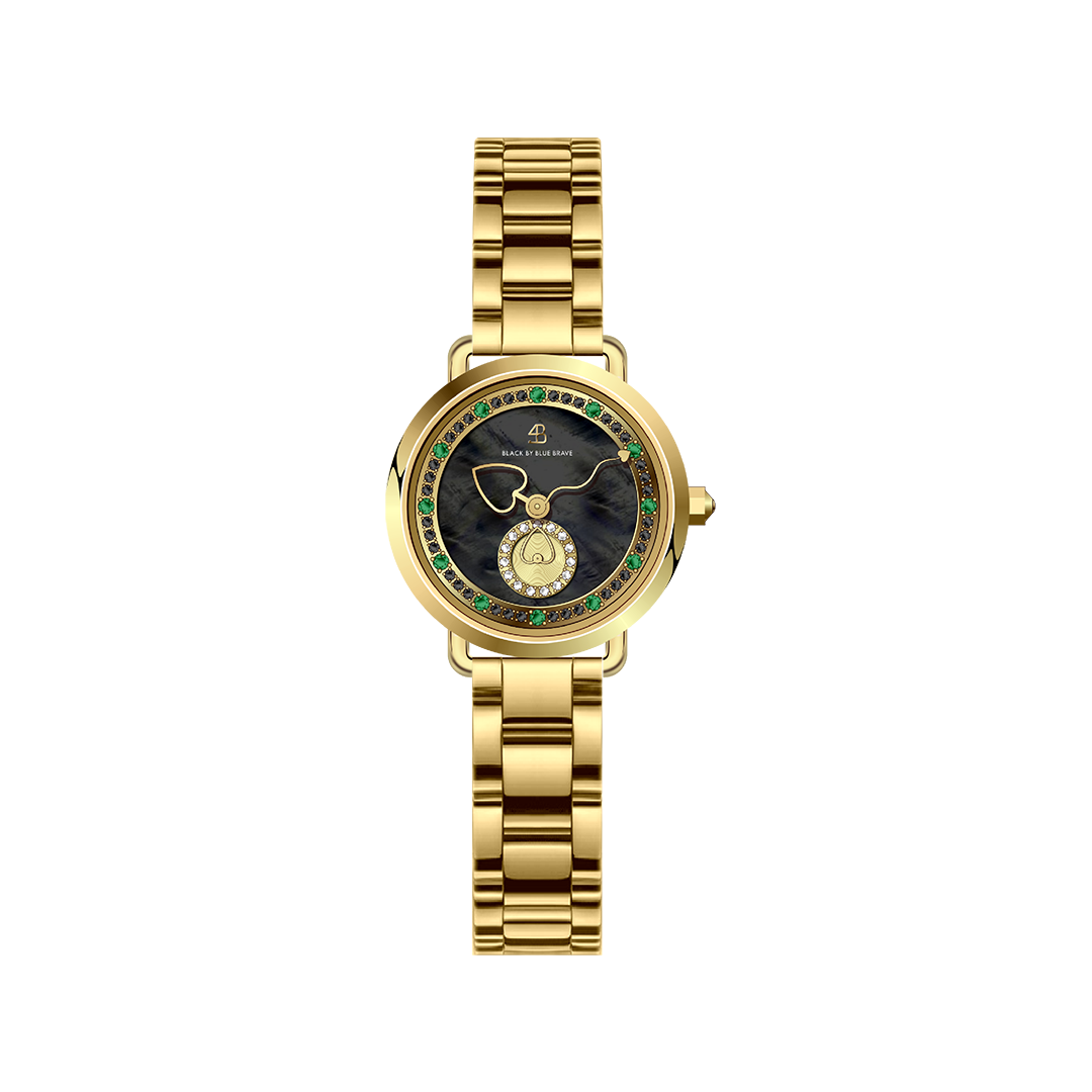 Cupid 28mm Black Mother Of Pearl Dial Heart Shaped Hands Gold Bracelet Watch - 4B1191 - front - Black By Blue Brave