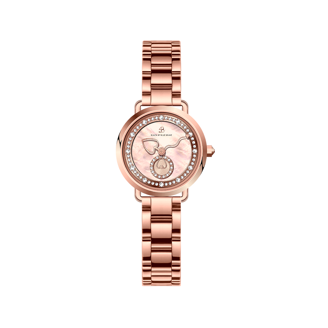Cupid 28mm Pink Mother Of Pearl Dial Heart Shaped Hands Rose Gold Bracelet Watch - 4B1193 - front - Black By Blue Brave