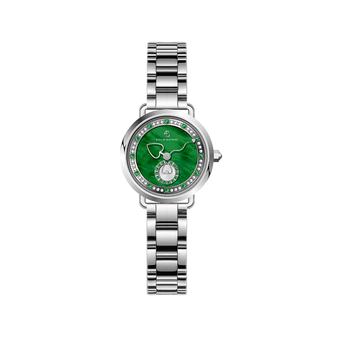 Cupid 28mm Green Mother Of Pearl Dial Heart Shaped Hands Silver Bracelet Watch - 4B1294 - front - Black By Blue Brave