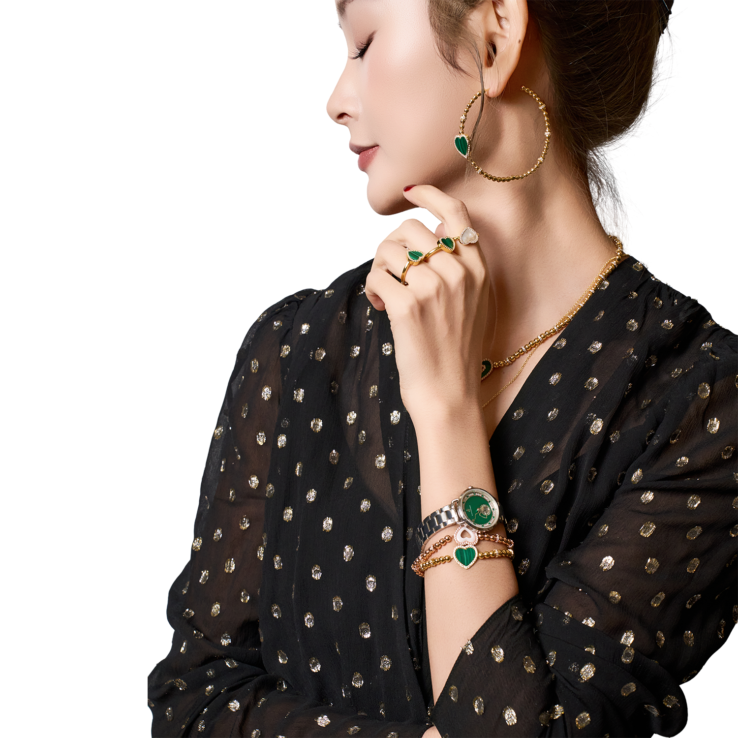 Cupid 28mm Green Mother Of Pearl Dial Heart Shaped Hands Silver Bracelet Watch - 4B1294 - Model wearing - Black By Blue Brave