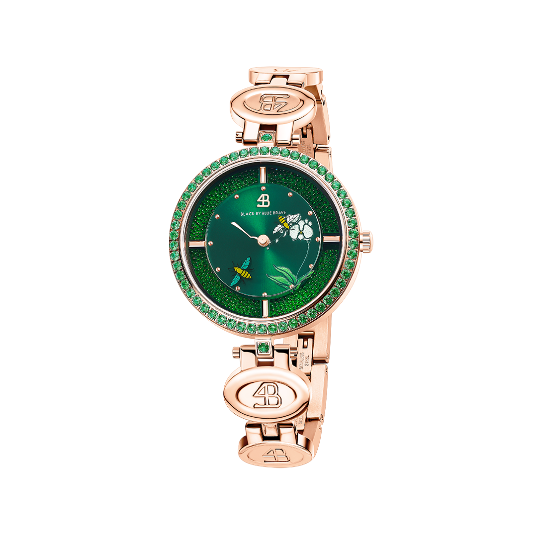 Honey Bee 34mm Green Dial Moving Bees Rose Gold Bracelet Watch - 4B1290 - front - Black By Blue Brave