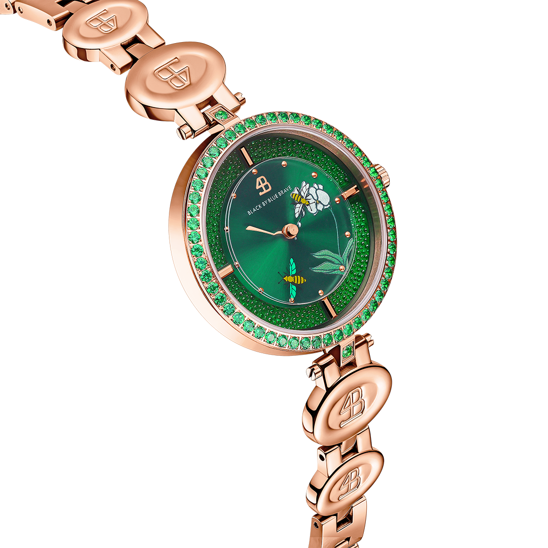 Honey Bee 34mm Green Dial Moving Bees Rose Gold Bracelet Watch - 4B1290 - side view - Black By Blue Brave