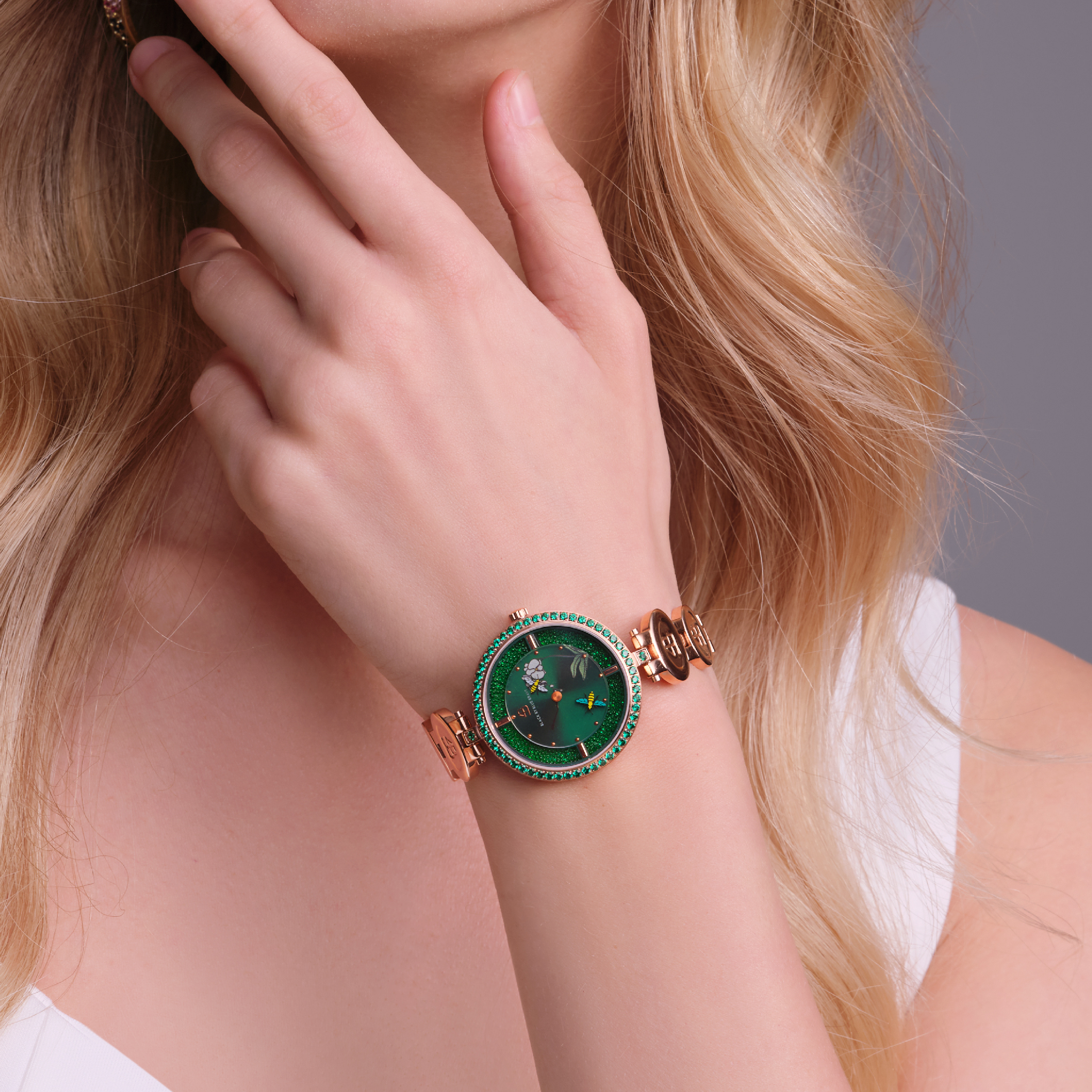 Honey Bee 34mm Green Dial Moving Bees Rose Gold Bracelet Watch - 4B1290 - wrist - Black By Blue Brave