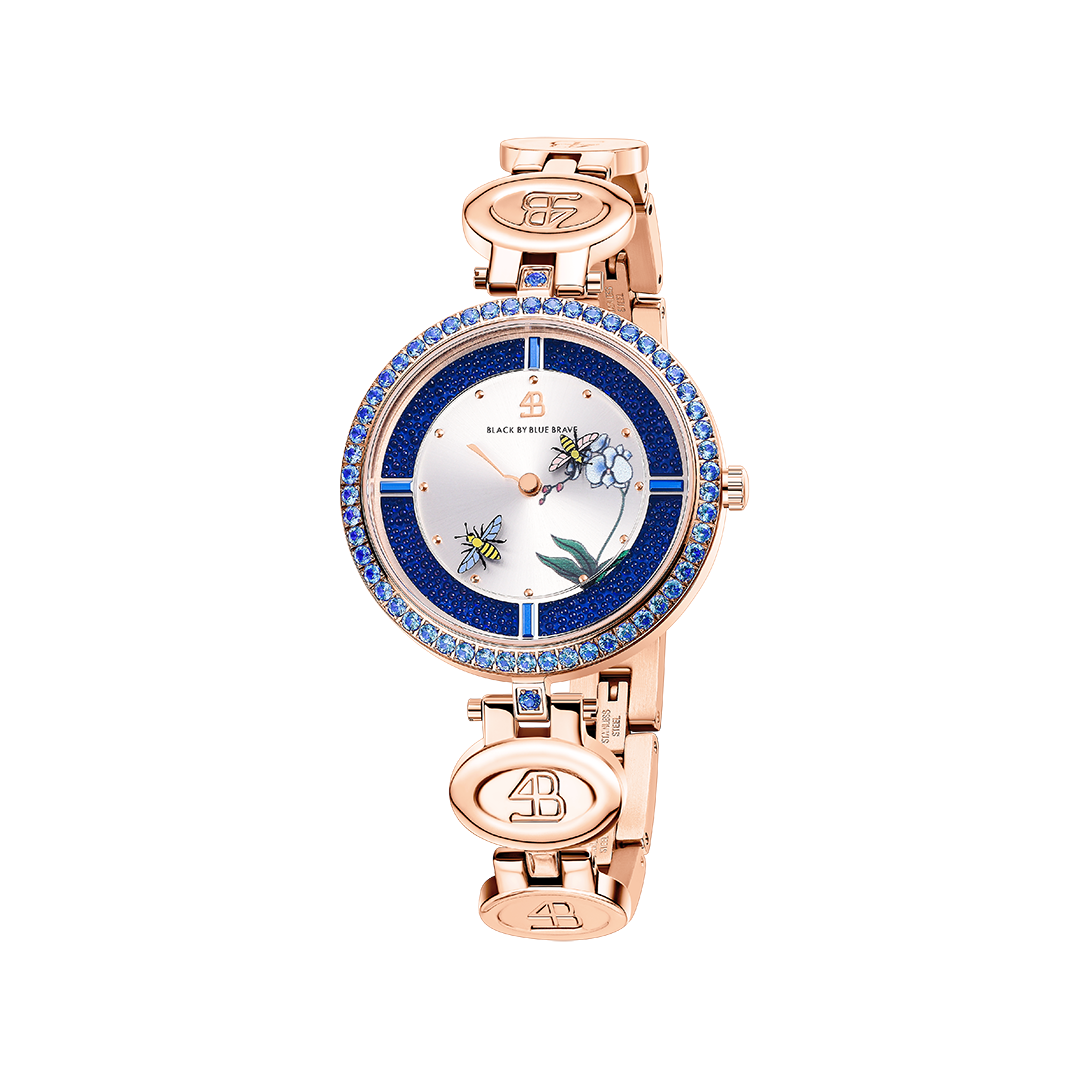 Honey Bee 34mm Blue Dial Moving Bees Rose Gold Bracelet Watch - 4B1291 - front - Black By Blue Brave