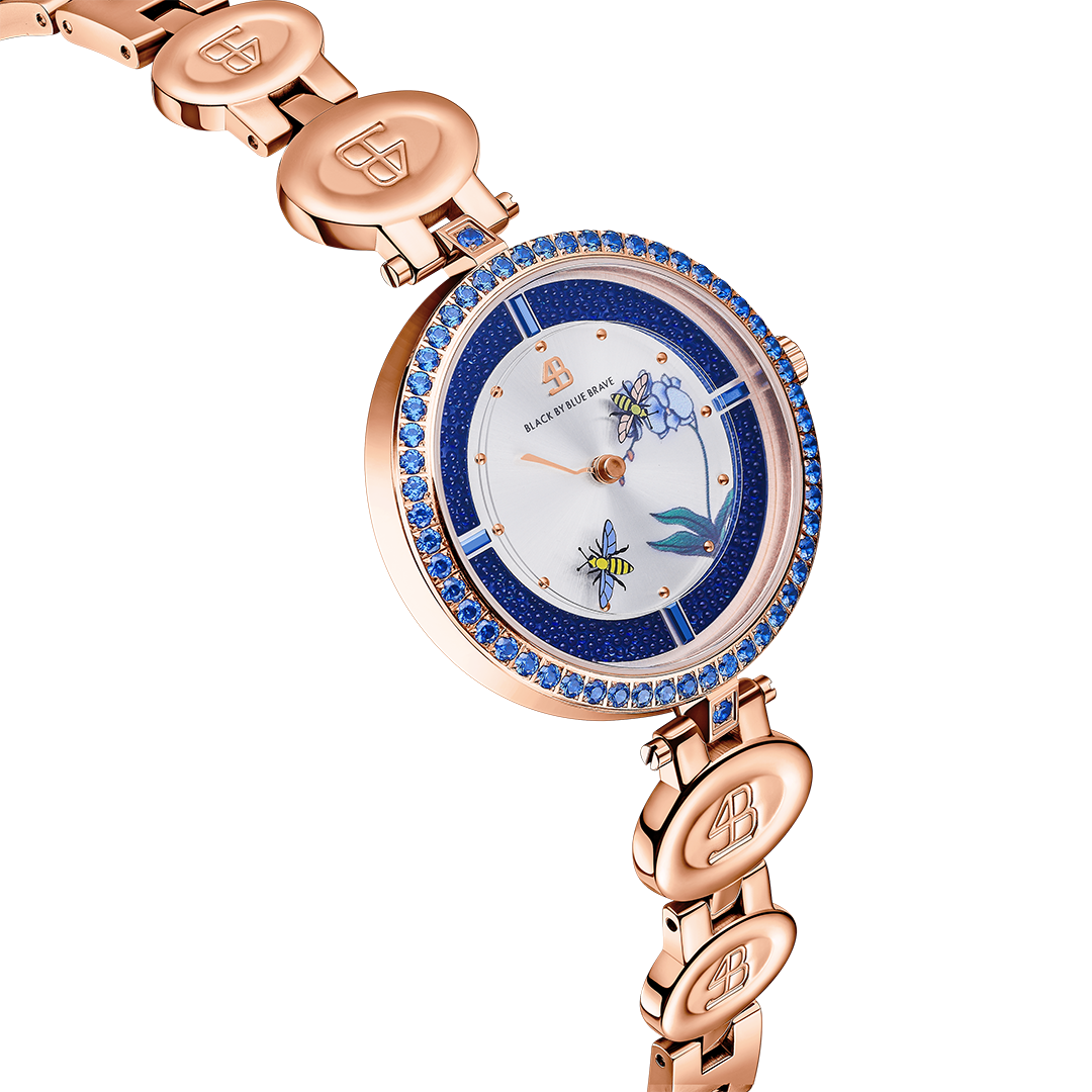 Honey Bee 34mm Blue Dial Moving Bees Rose Gold Bracelet Watch - 4B1291 - side view - Black By Blue Brave