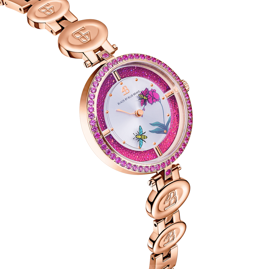 Honey Bee 34mm Ruby Red Dial Moving Bees Rose Gold Bracelet Watch - 4B1292 - side view - Black By Blue Brave