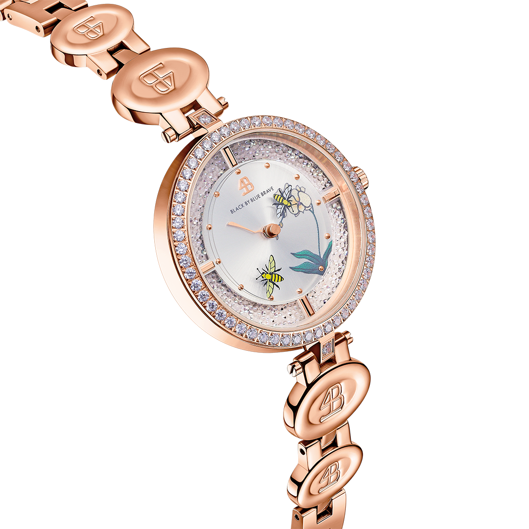 Honey Bee 34mm White Dial Moving Bees Rose Gold Bracelet Watch - 4B1293 - side view - Black By Blue Brave