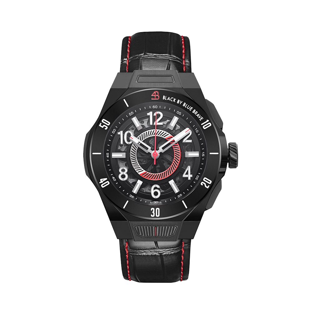 HS7 43mm Black Wheel Dial Black Leather Strap Automatic - 4B11101 - front - Black By Blue Brave
