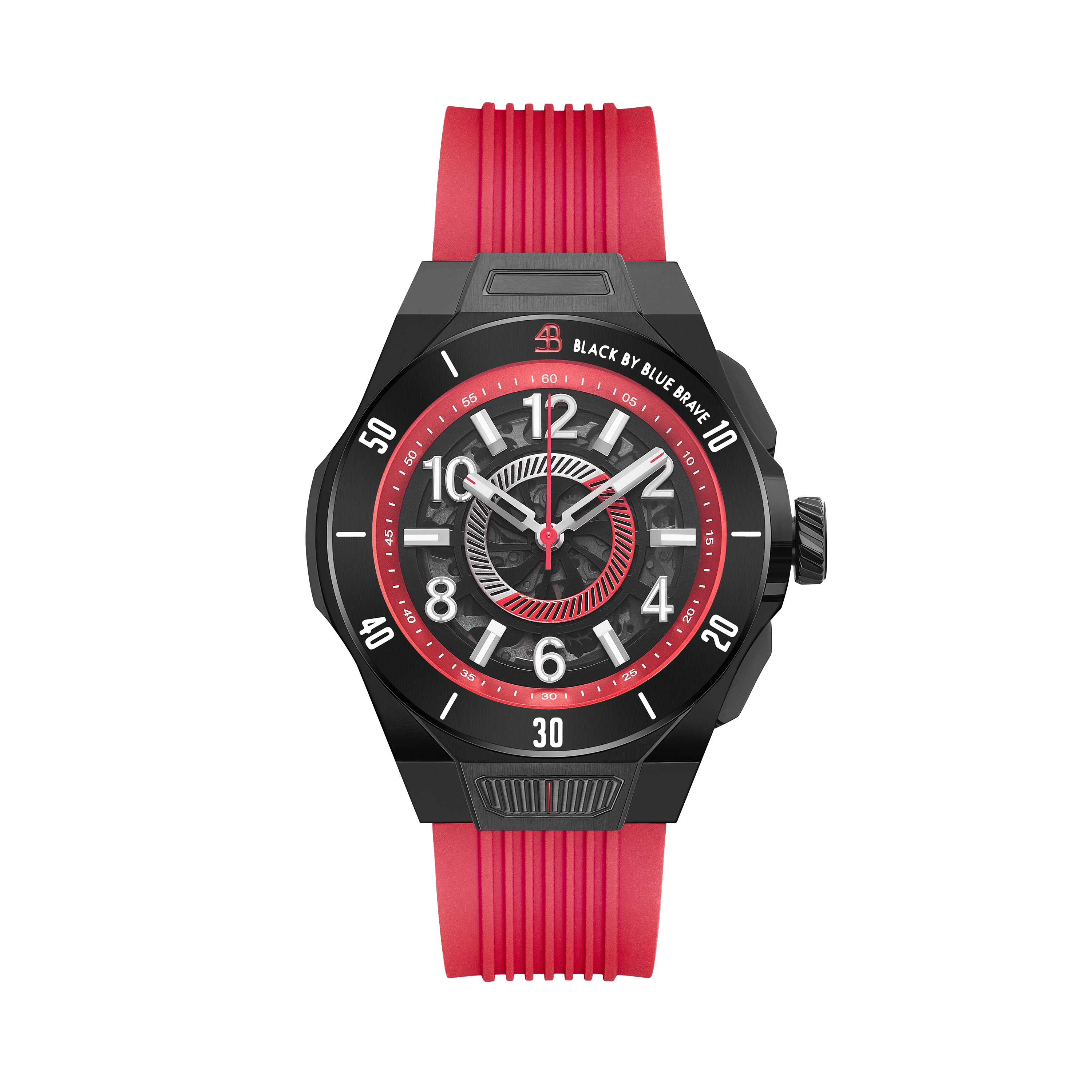 HS7 43mm Red Wheel Dial Red Silicon Strap Automatic Watch - 4B11117 - front - Black By Blue Brave
