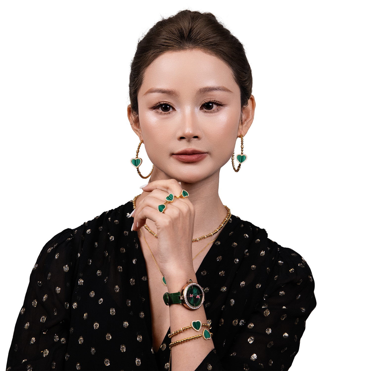 Love Heart Malachite Earrings 18K Gold Plated 45mm - 4B4329 - Model wearing - Black By Blue Brave
