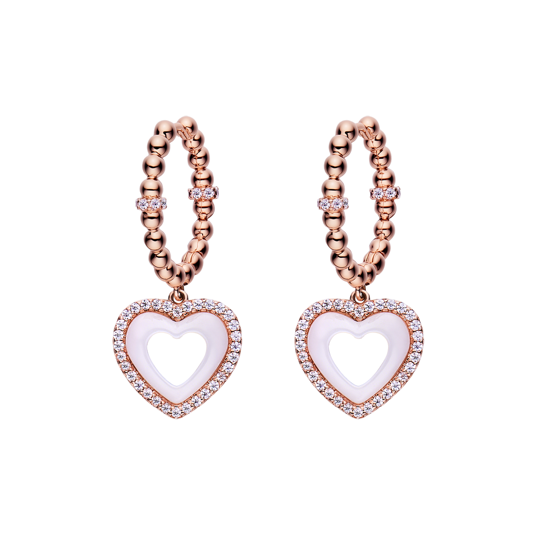 Love Heart White Ceramic Earrings 18K Rose Gold Plated 20mm - 4B4333 - front - Black By Blue Brave
