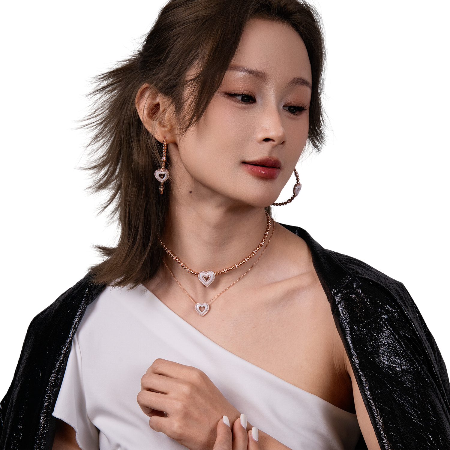 Love Heart White Ceramic Double Heart Necklace 18K Rose Gold Plated - 4B4338 - Model wearing - Black By Blue Brave
