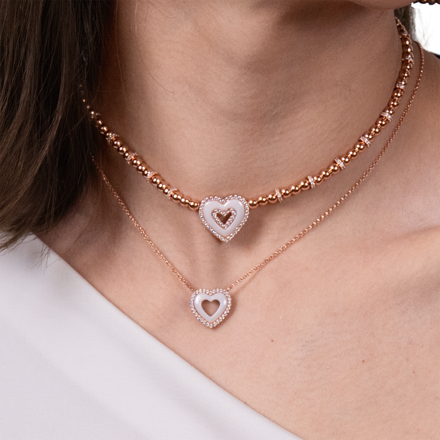 Love Heart White Ceramic Double Heart Necklace 18K Rose Gold Plated - 4B4338 - wear  - Black By Blue Brave
