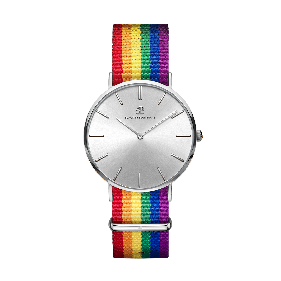 Love Wins 36mm/40mm Silver Case Rainbow Nylon Strap Watch - 4B0645 - front - Black By Blue Brave