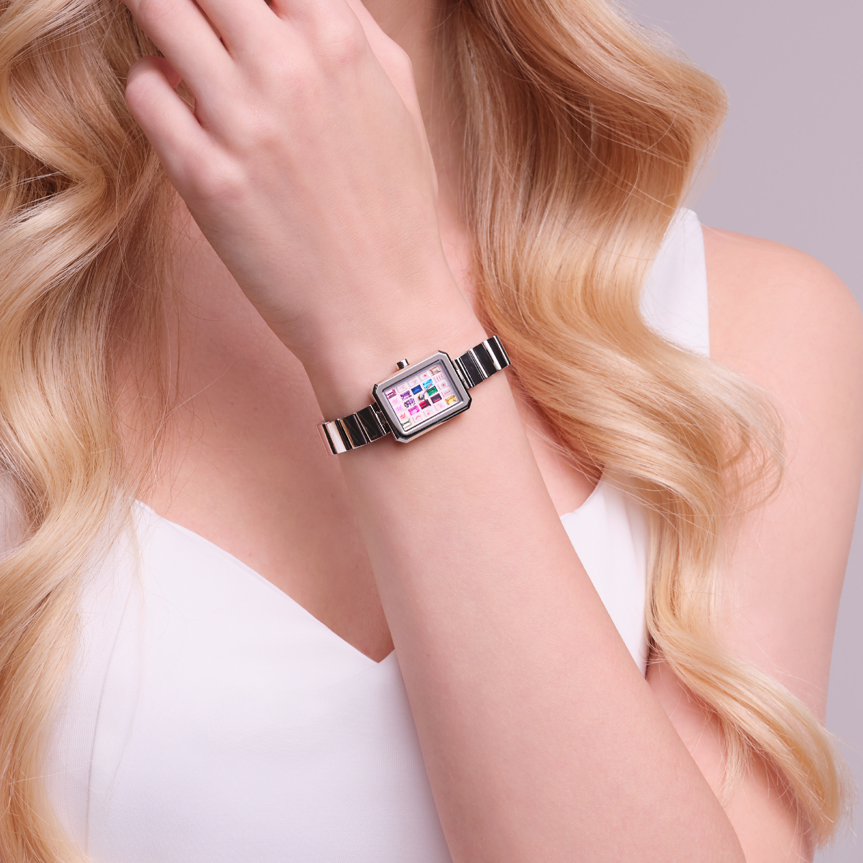 Mahjong 20*26mm Rainbow Crystal Dial Silver Bracelet Watch - 4B1310 - wrist - Black By Blue Brave