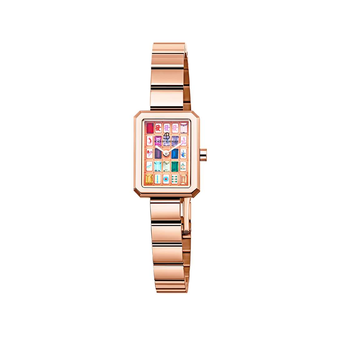 Mahjong 20*26mm Rainbow Crystal Dial Rose Gold Bracelet Watch - 4B1312 - front - Black By Blue Brave