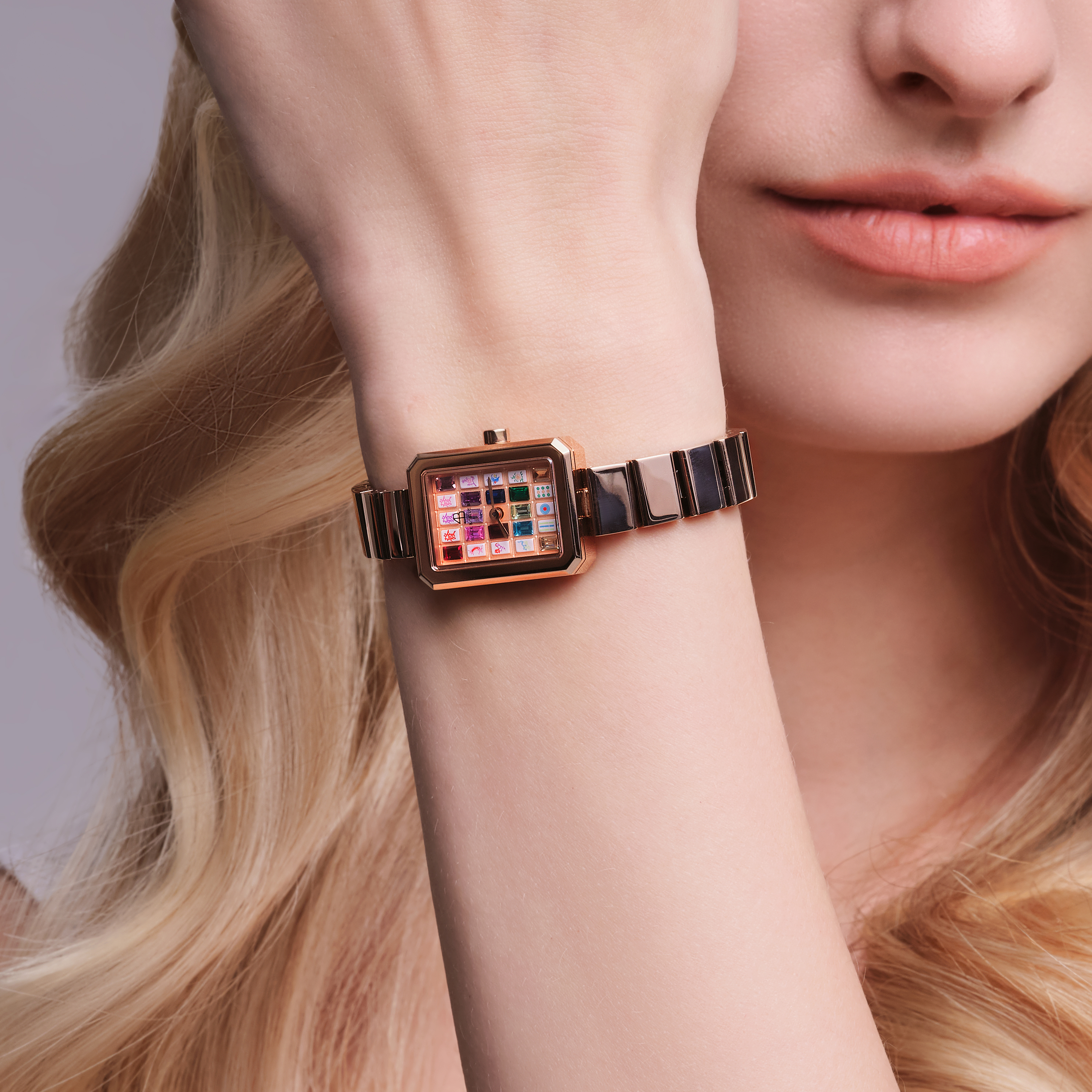 Mahjong 20*26mm Rainbow Crystal Dial Rose Gold Bracelet Watch - 4B1312 - wrist - Black By Blue Brave