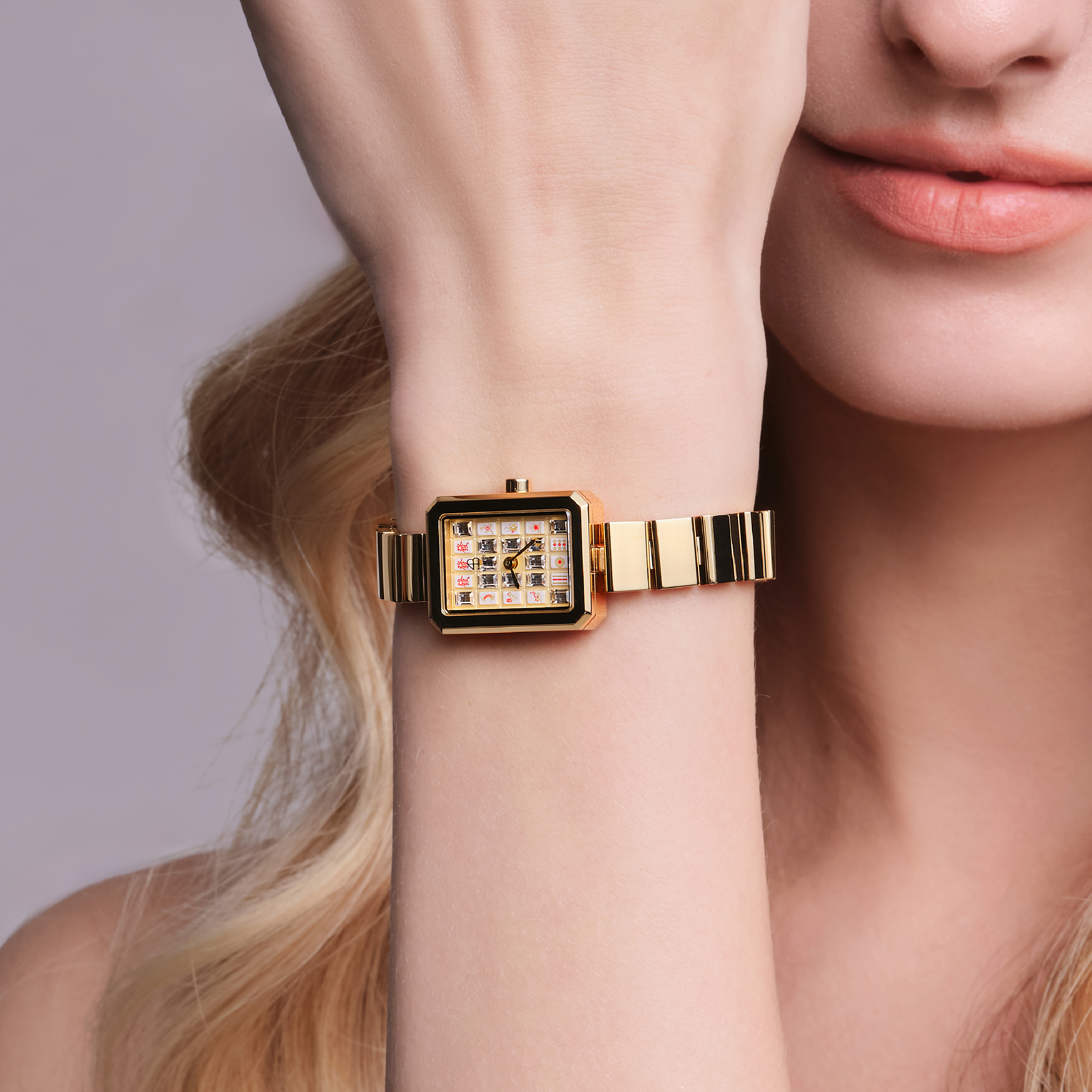 Mahjong 20*26mm Rainbow Crystal Dial Gold Bracelet Watch - 4B1313 - wrist - Black By Blue Brave