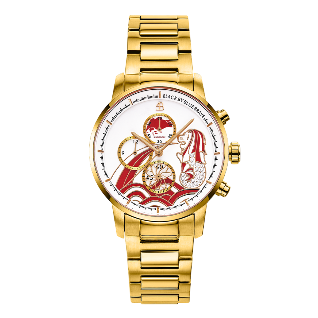 Merlion 40mm Red Dial Chronograph Moving Flyer Gold Bracelet Watch - 4B1163 - front - Black By Blue Brave