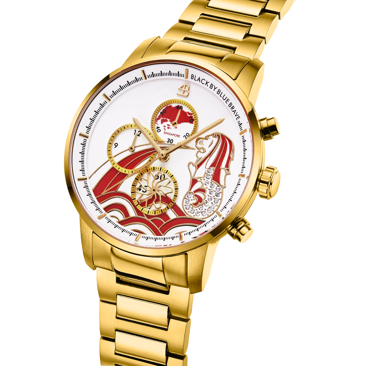 Merlion 40mm Red Dial Chronograph Moving Flyer Gold Bracelet Watch - 4B1163 - side view - Black By Blue Brave