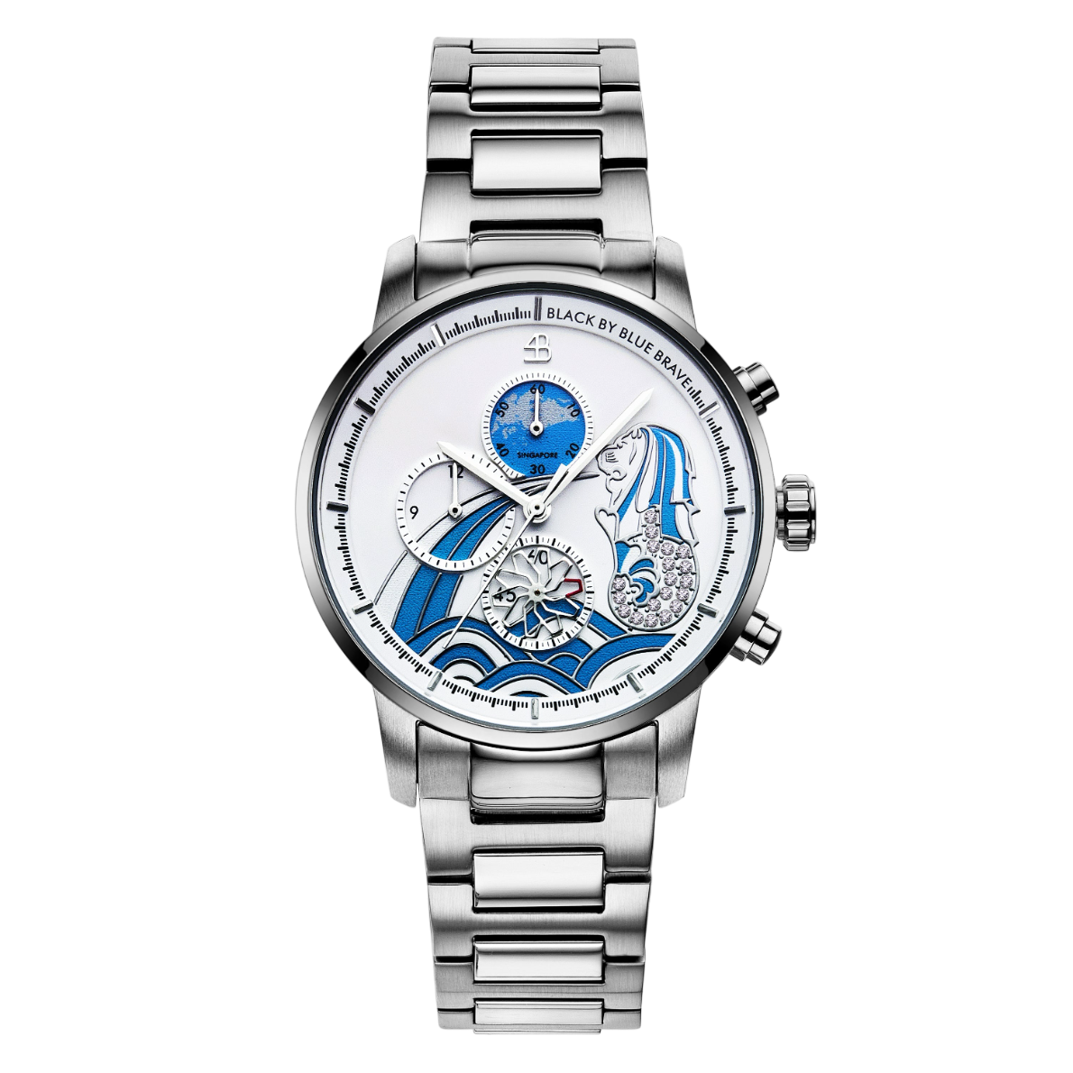Merlion 40mm Blue Dial Chronograph Moving Flyer Silver Bracelet Watch - 4B1164 - front - Black By Blue Brave