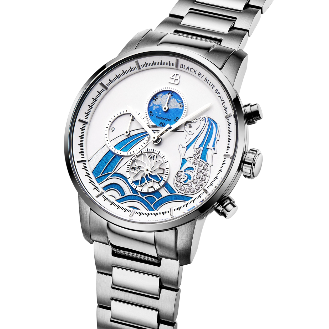 Merlion 40mm Blue Dial Chronograph Moving Flyer Silver Bracelet Watch - 4B1164 - side view - Black By Blue Brave